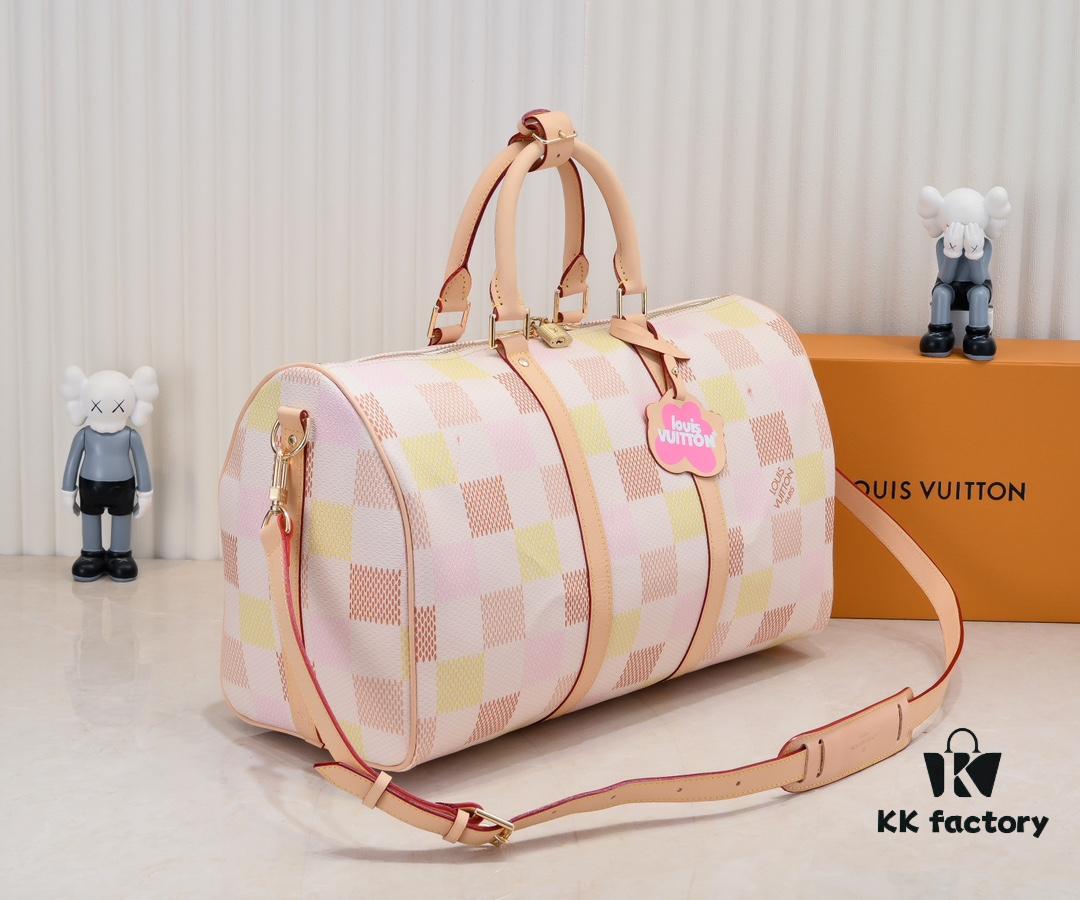 693075876e68136f4d9a6370 Keepall Bandoulière 50 in Damier Golf Coated Canvas – Green Check M40667 and Pink Check M40713
