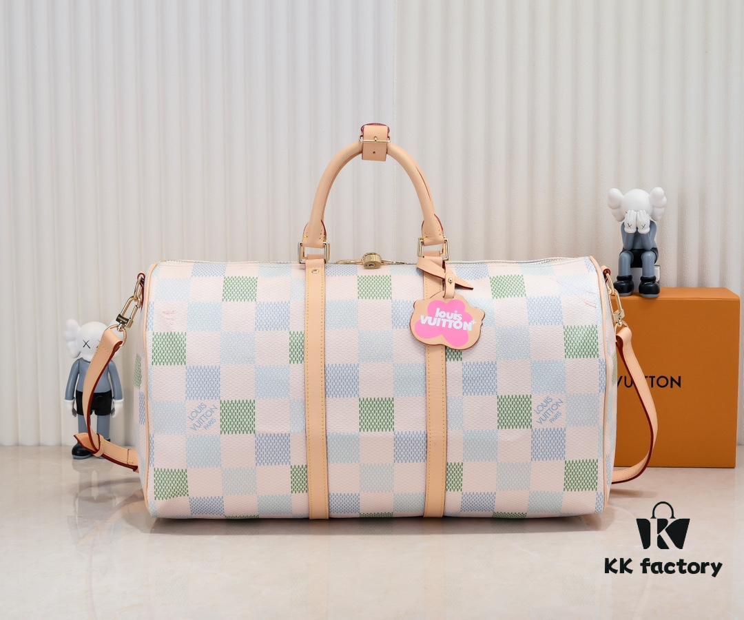 6930758c6e68136f4d9a637b Keepall Bandoulière 50 Travel Bag in Damier Golf Coated Canvas with M40667 Green Check and M40713 Pink Check