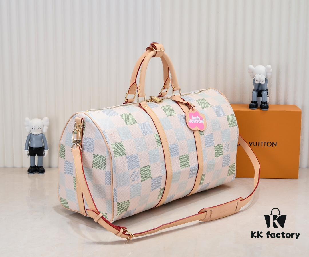 6930758c6e68136f4d9a637c Keepall Bandoulière 50 Travel Bag in Damier Golf Coated Canvas with M40667 Green Check and M40713 Pink Check