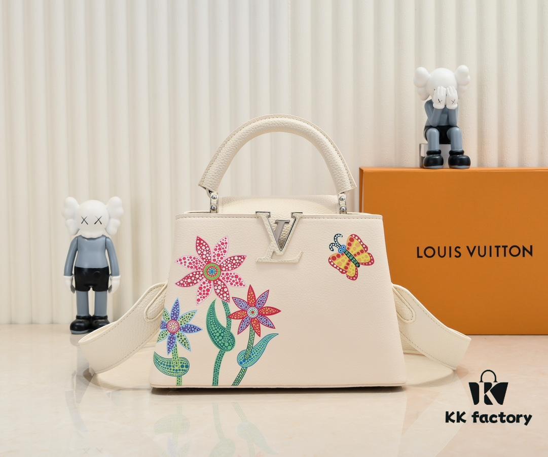 693076126e68136f4d9a6486 Upgraded Version M21755 White LV x YK Capucines Small Handbag