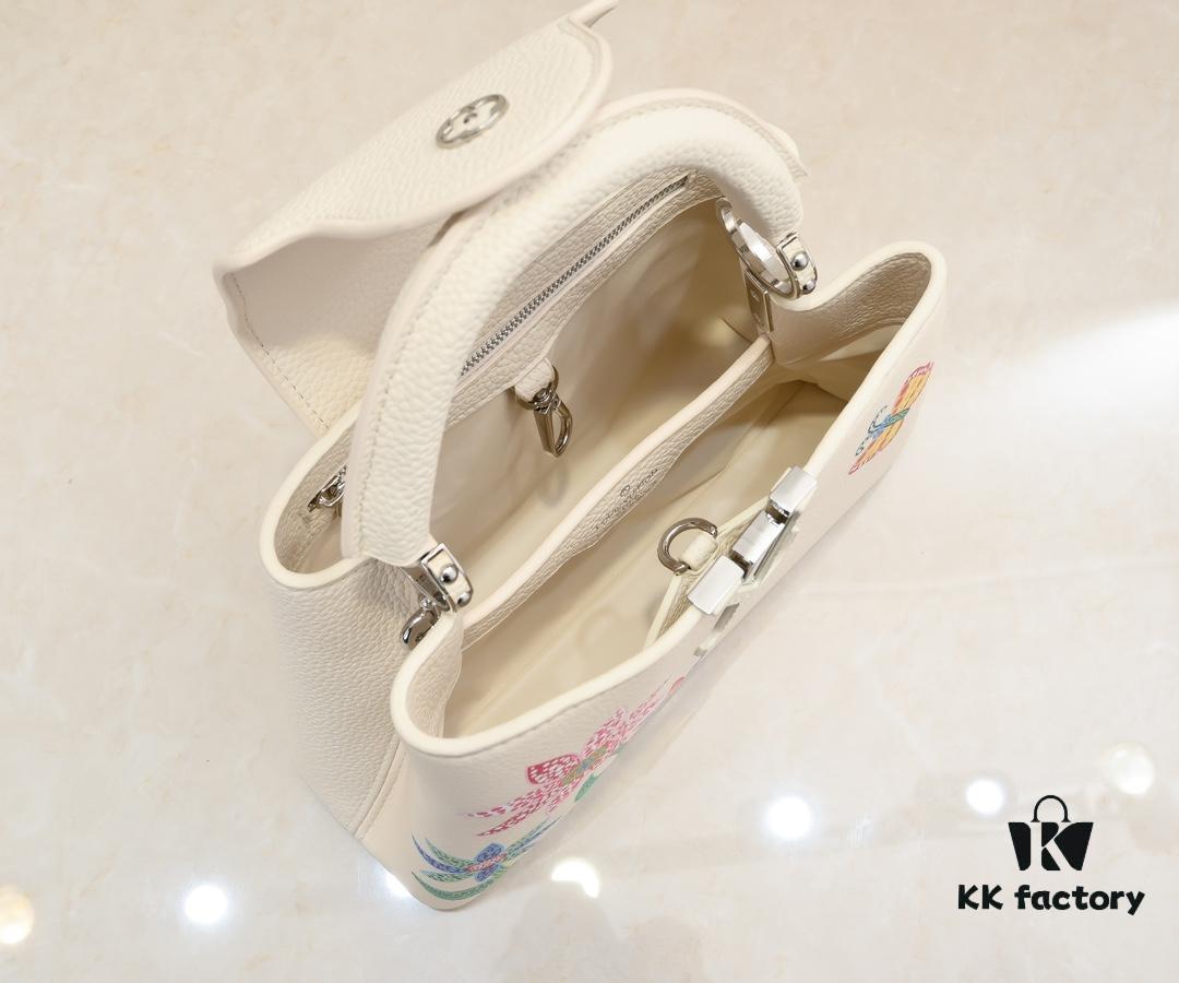 693076156e68136f4d9a648d Upgraded Version M21755 White LV x YK Capucines Small Handbag