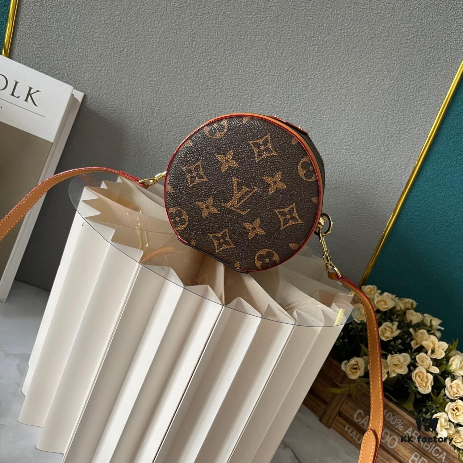 Upgraded Version [Exclusive Real Photo M82952 Damier Azur and Sunflower] This Nano Cannes Handbag features a cylindrical silhouette crafted from Monogram canvas, echoing the design of a makeup pouch.