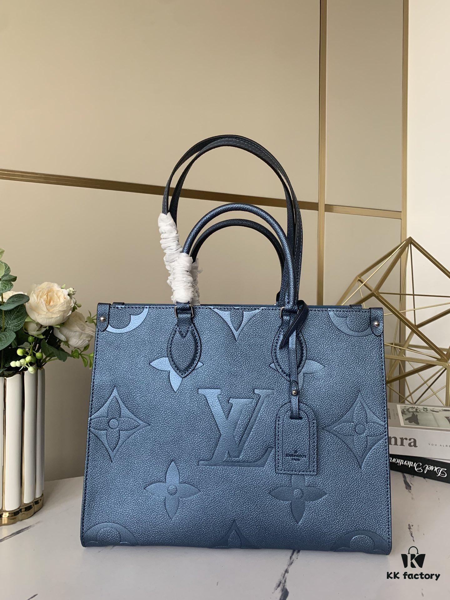 6930785f6e68136f4d9a6951 Top-Grade Full-Grain Leather, Exclusive Real Photo - M45595 Pearl Blue Full Leather Matelassé By The Pool Capsule Collection OnTheGo Medium Tote Bag