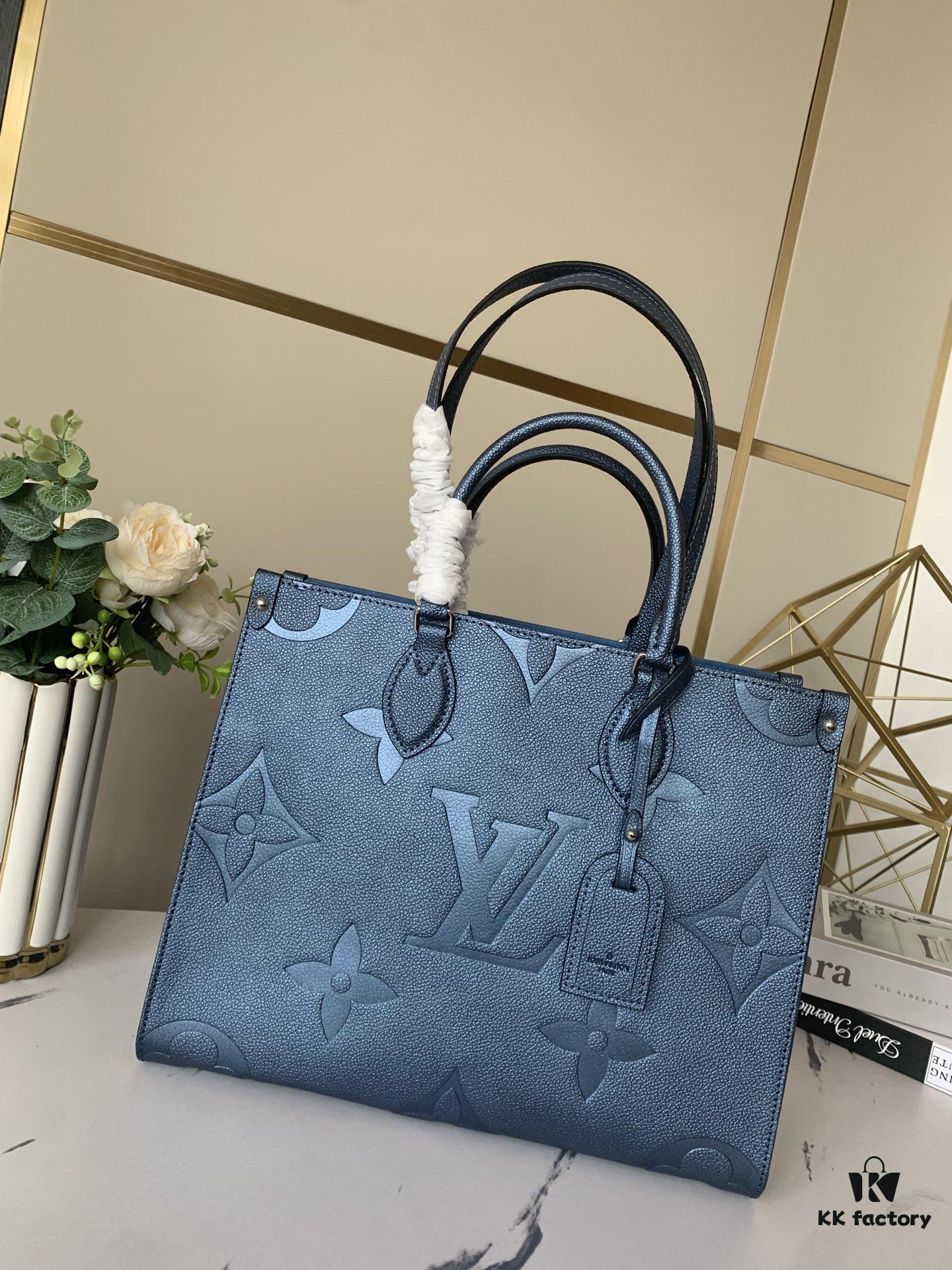 693078606e68136f4d9a6953 Top-Grade Full-Grain Leather, Exclusive Real Photo - M45595 Pearl Blue Full Leather Matelassé By The Pool Capsule Collection OnTheGo Medium Tote Bag