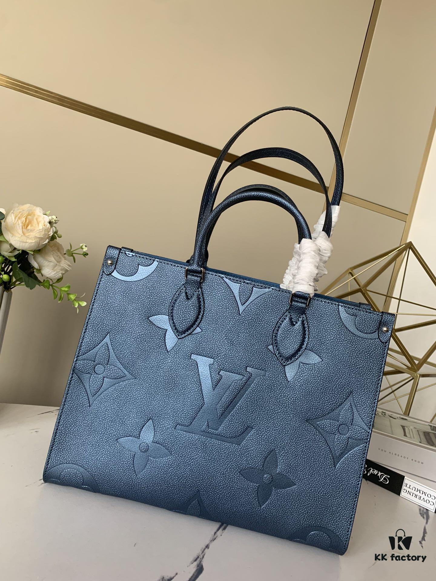 693078616e68136f4d9a6956 Top-Grade Full-Grain Leather, Exclusive Real Photo - M45595 Pearl Blue Full Leather Matelassé By The Pool Capsule Collection OnTheGo Medium Tote Bag