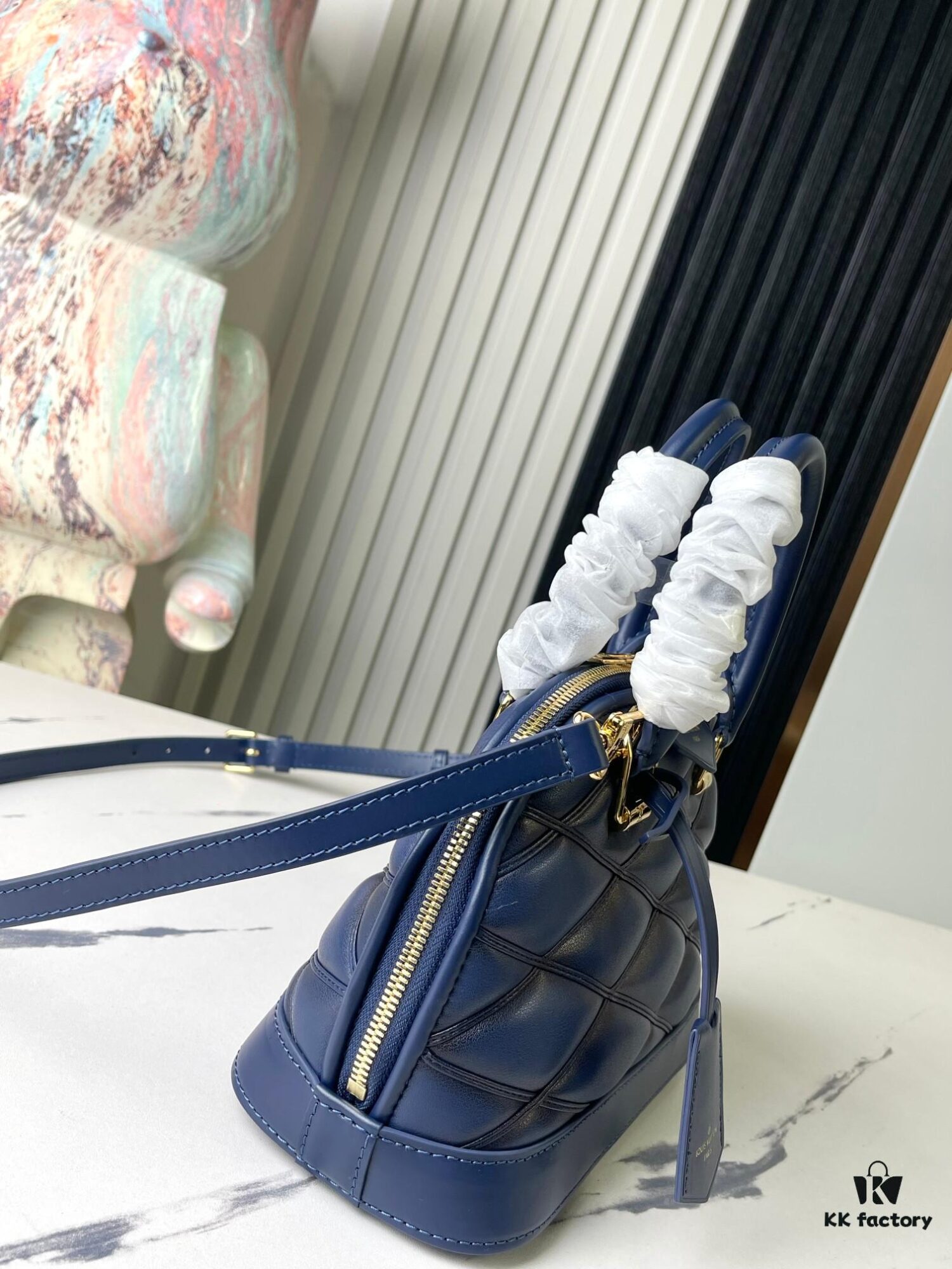 6930787e6e68136f4d9a6988 Top Quality Original Design Exclusive Real Shot M23666 Deep Blue Diamond Quilted Full Leather Clam Shell Bag Series Alma BB Handbag