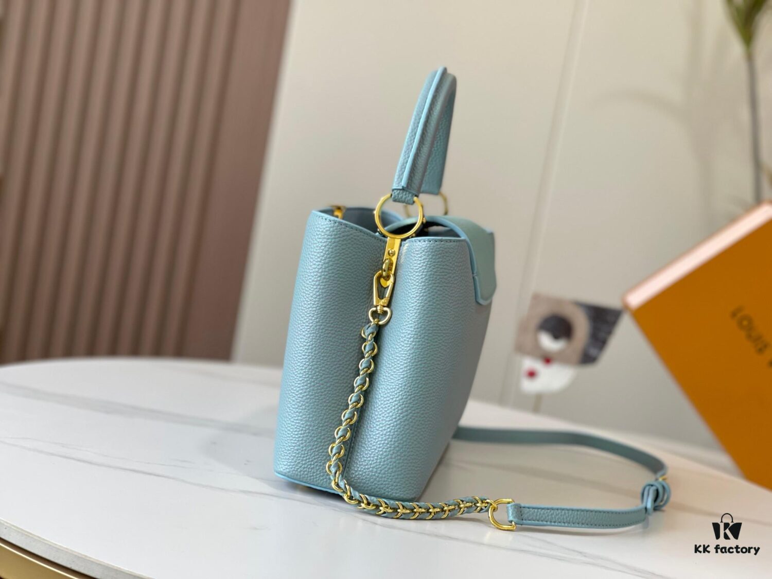 Upgraded M20841 Stellar Pearl Blue Shell Button Capucines MM Bag