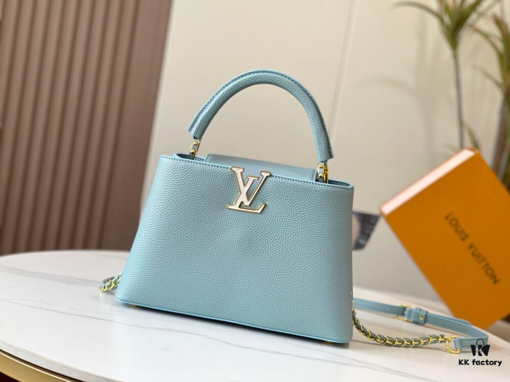 6930797e6e68136f4d9a6b53 Upgraded M20841 Stellar Pearl Blue Shell Button Capucines MM Bag