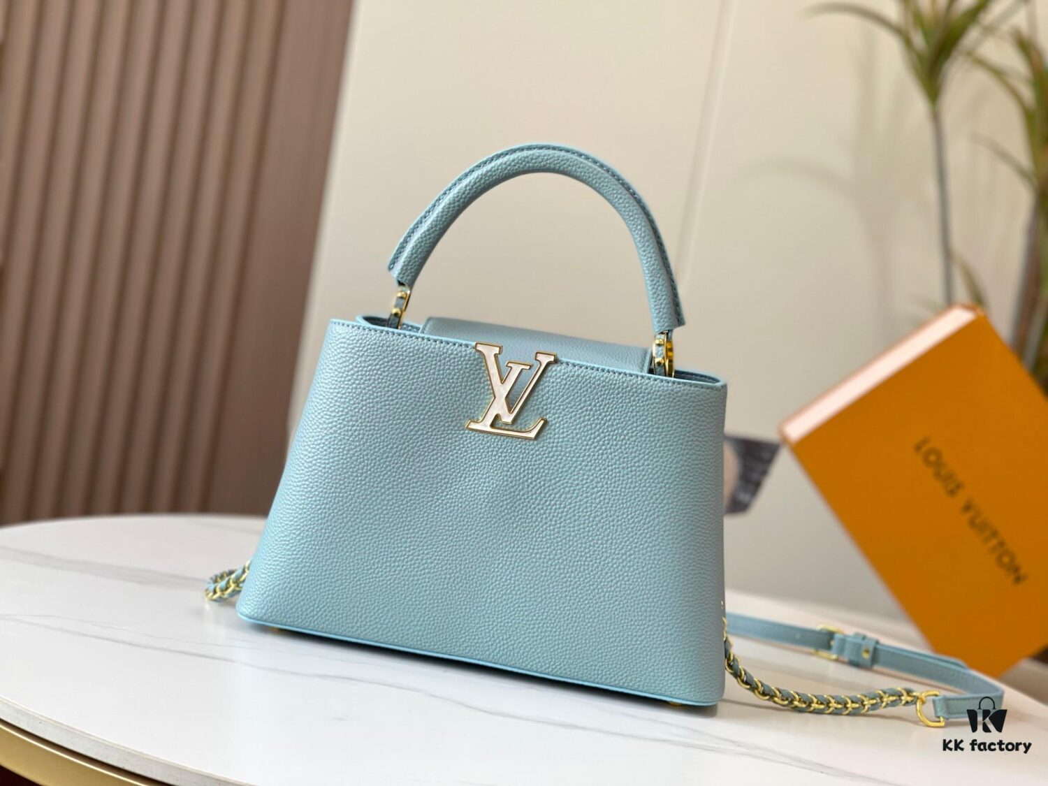 Upgraded M20841 Stellar Pearl Blue Shell Button Capucines MM Bag