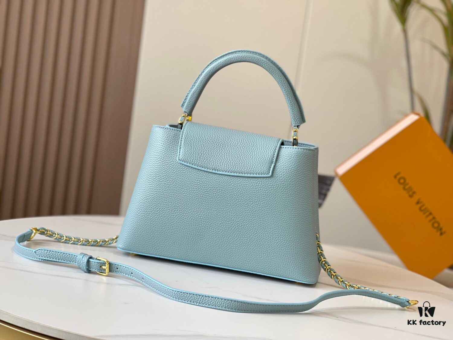 Upgraded M20841 Stellar Pearl Blue Shell Button Capucines MM Bag