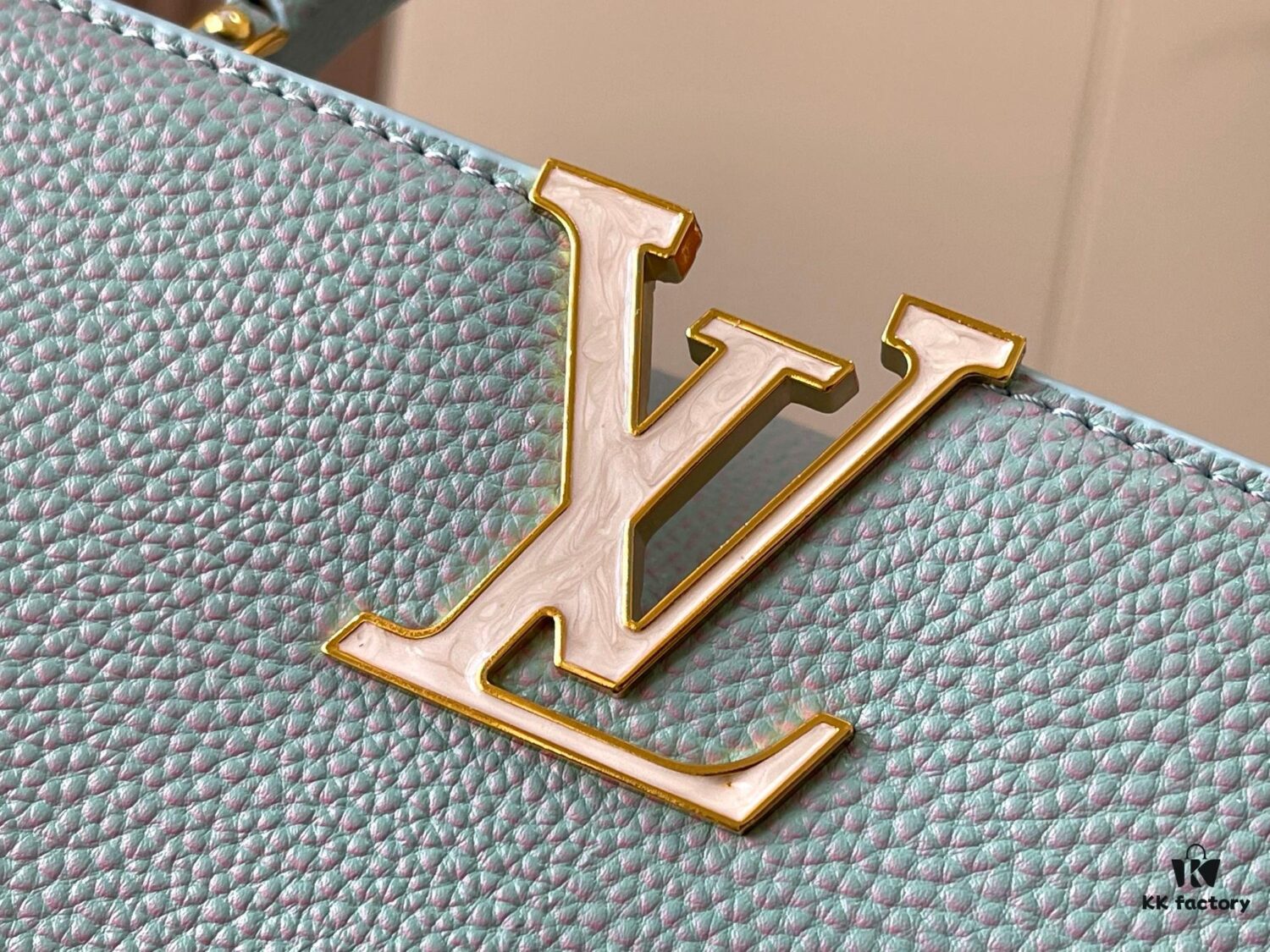 Upgraded M20841 Stellar Pearl Blue Shell Button Capucines MM Bag