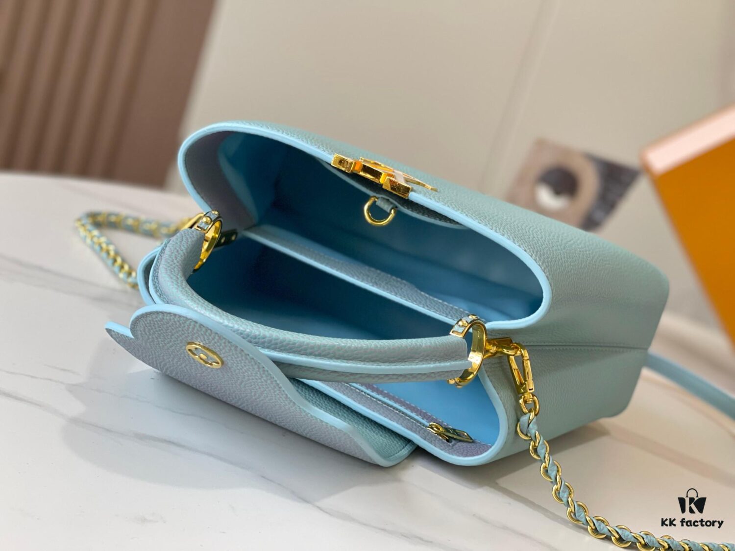 Upgraded M20841 Stellar Pearl Blue Shell Button Capucines MM Bag