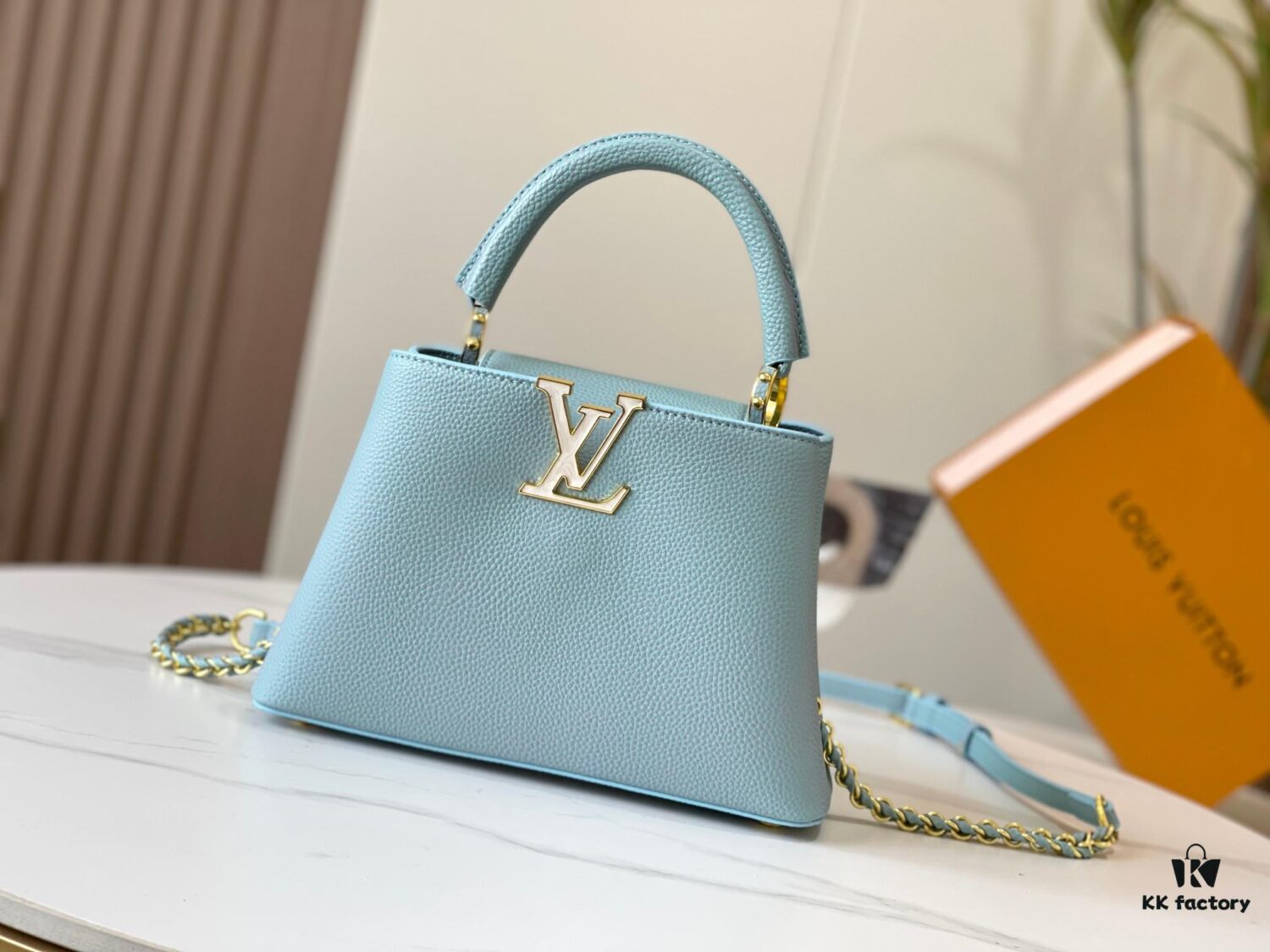693079836e68136f4d9a6b5a Upgraded M59868 Starlight Shimmer Blue Mother-of-Pearl Button Capucines BB Bag