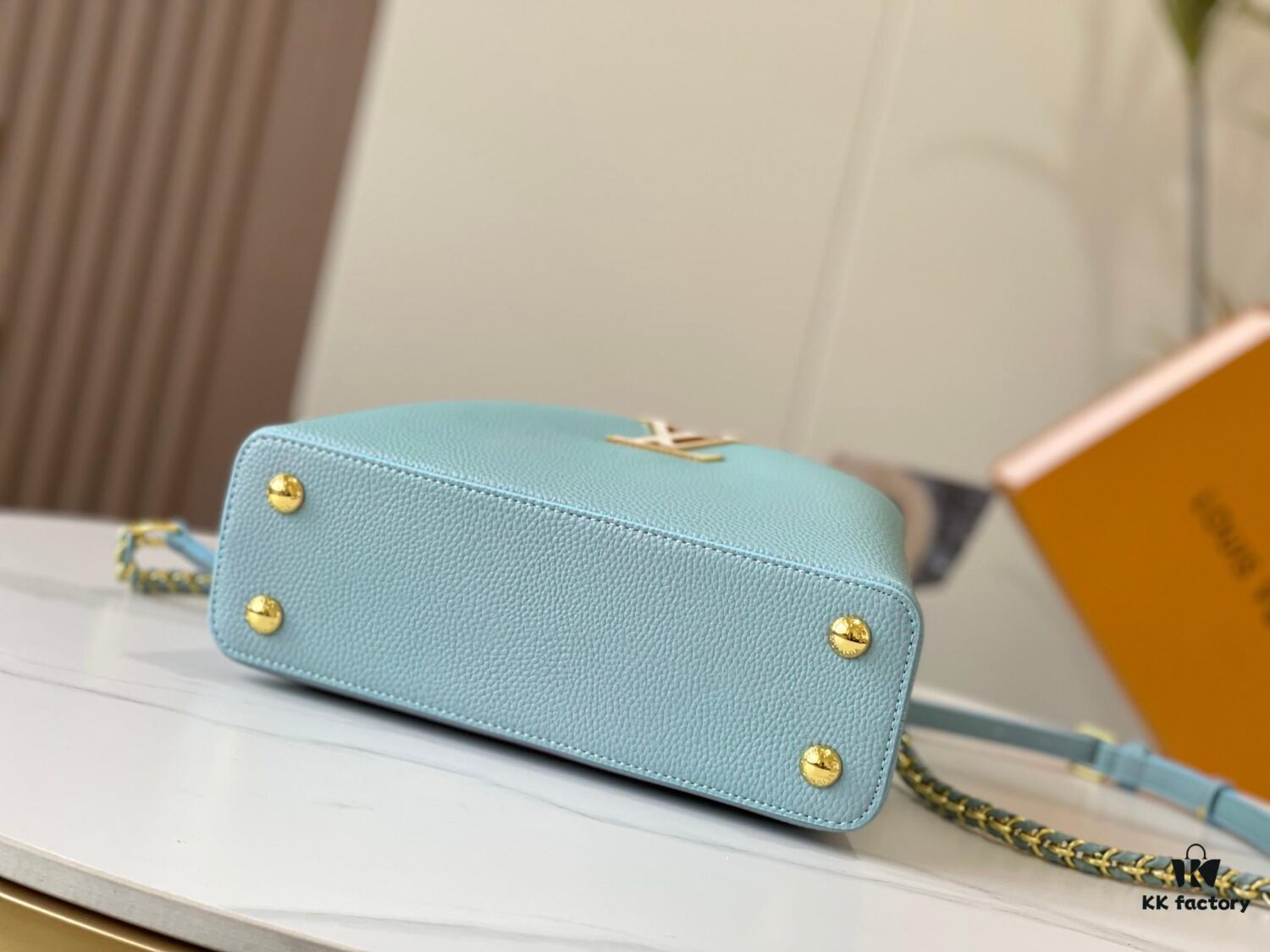 693079846e68136f4d9a6b5c Upgraded M59868 Starlight Shimmer Blue Mother-of-Pearl Button Capucines BB Bag