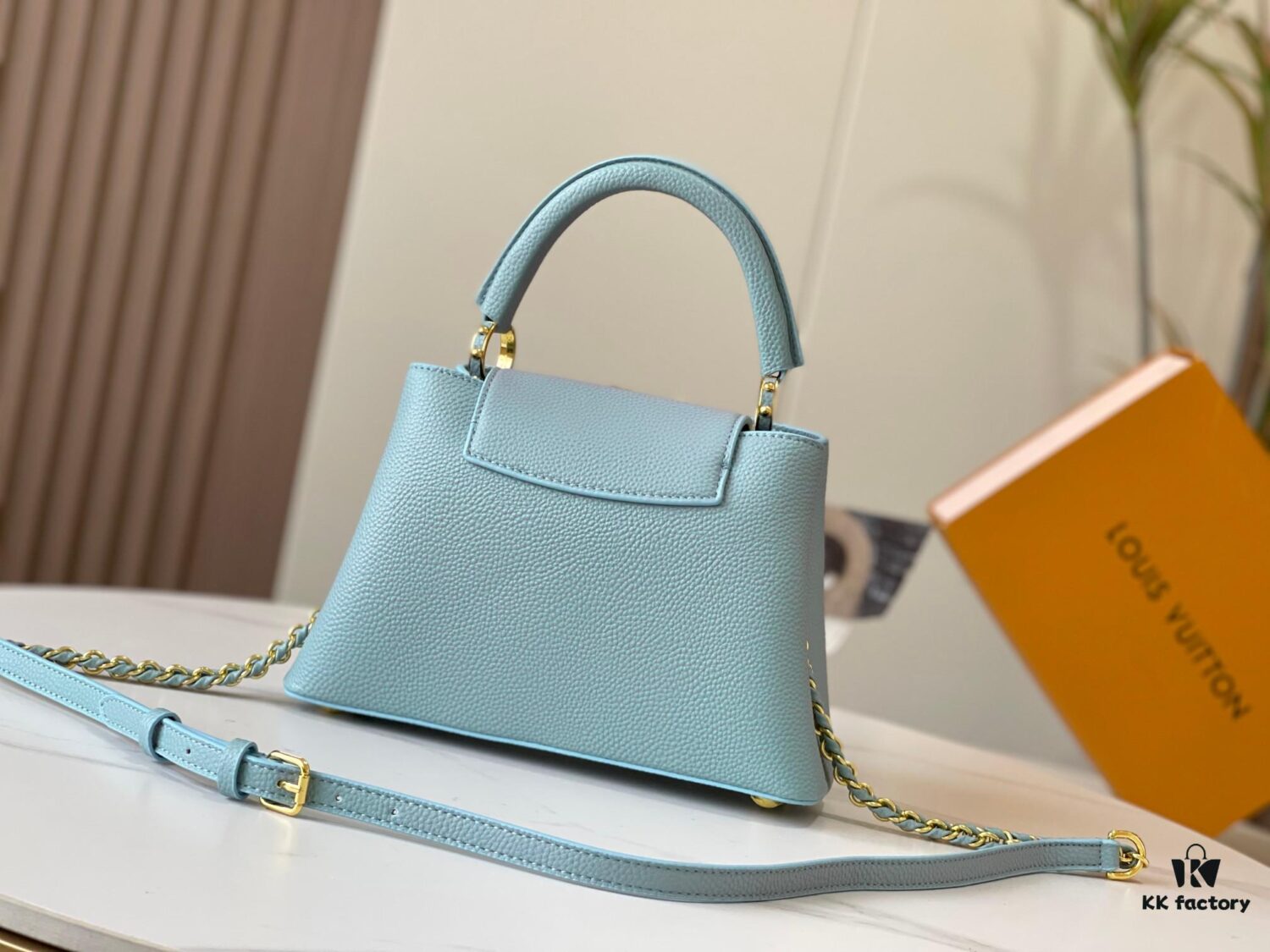 693079846e68136f4d9a6b5d Upgraded M59868 Starlight Shimmer Blue Mother-of-Pearl Button Capucines BB Bag