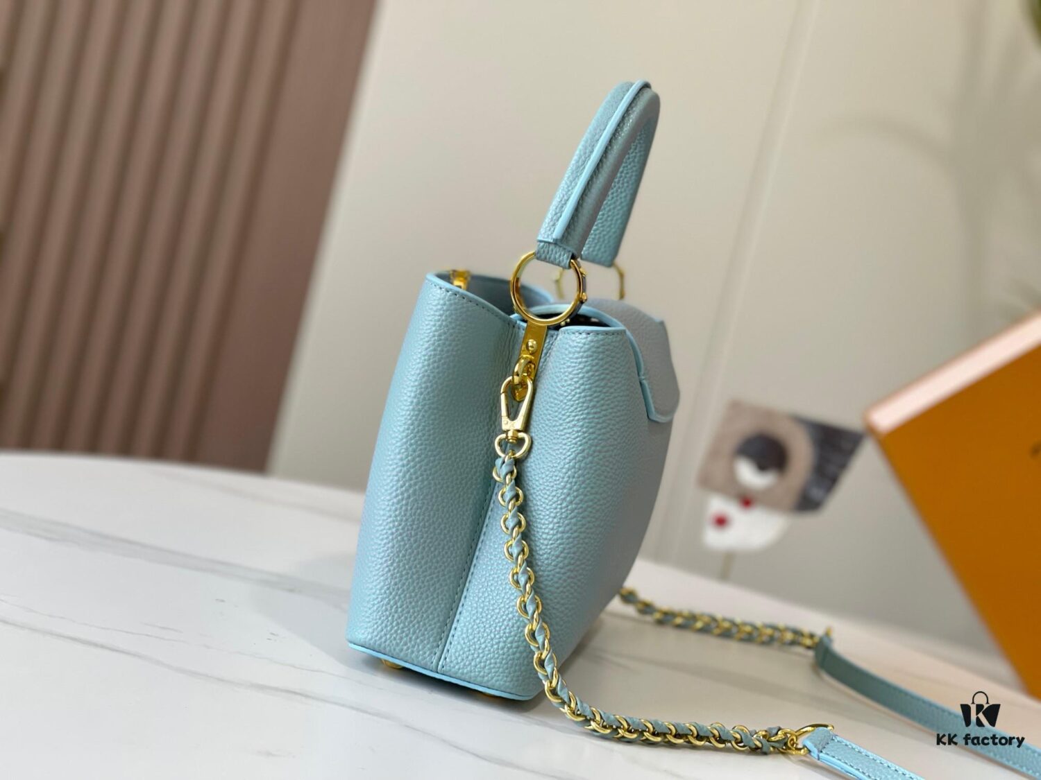 693079876e68136f4d9a6b5f Upgraded M59868 Starlight Shimmer Blue Mother-of-Pearl Button Capucines BB Bag