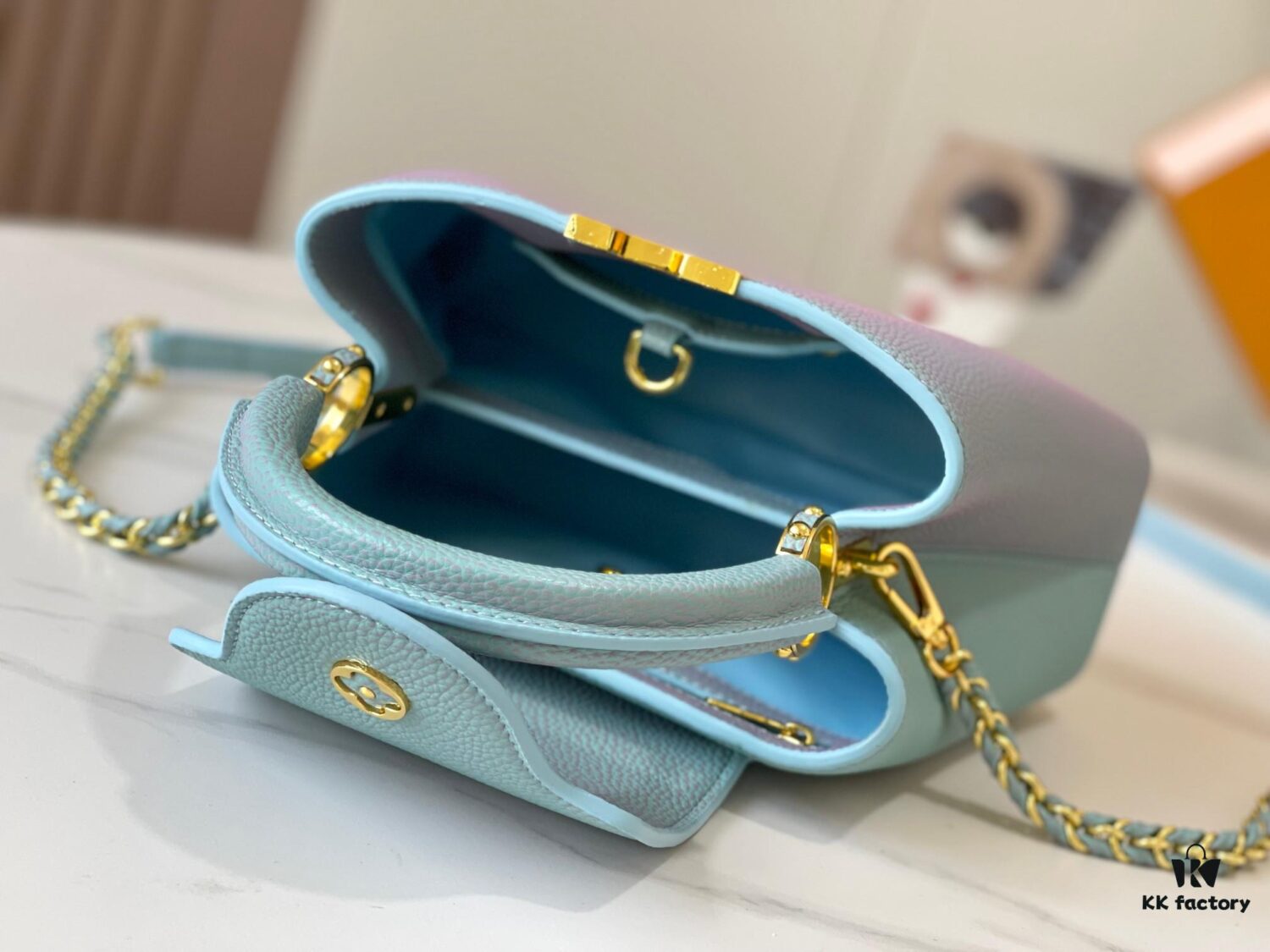 693079886e68136f4d9a6b61 Upgraded M59868 Starlight Shimmer Blue Mother-of-Pearl Button Capucines BB Bag