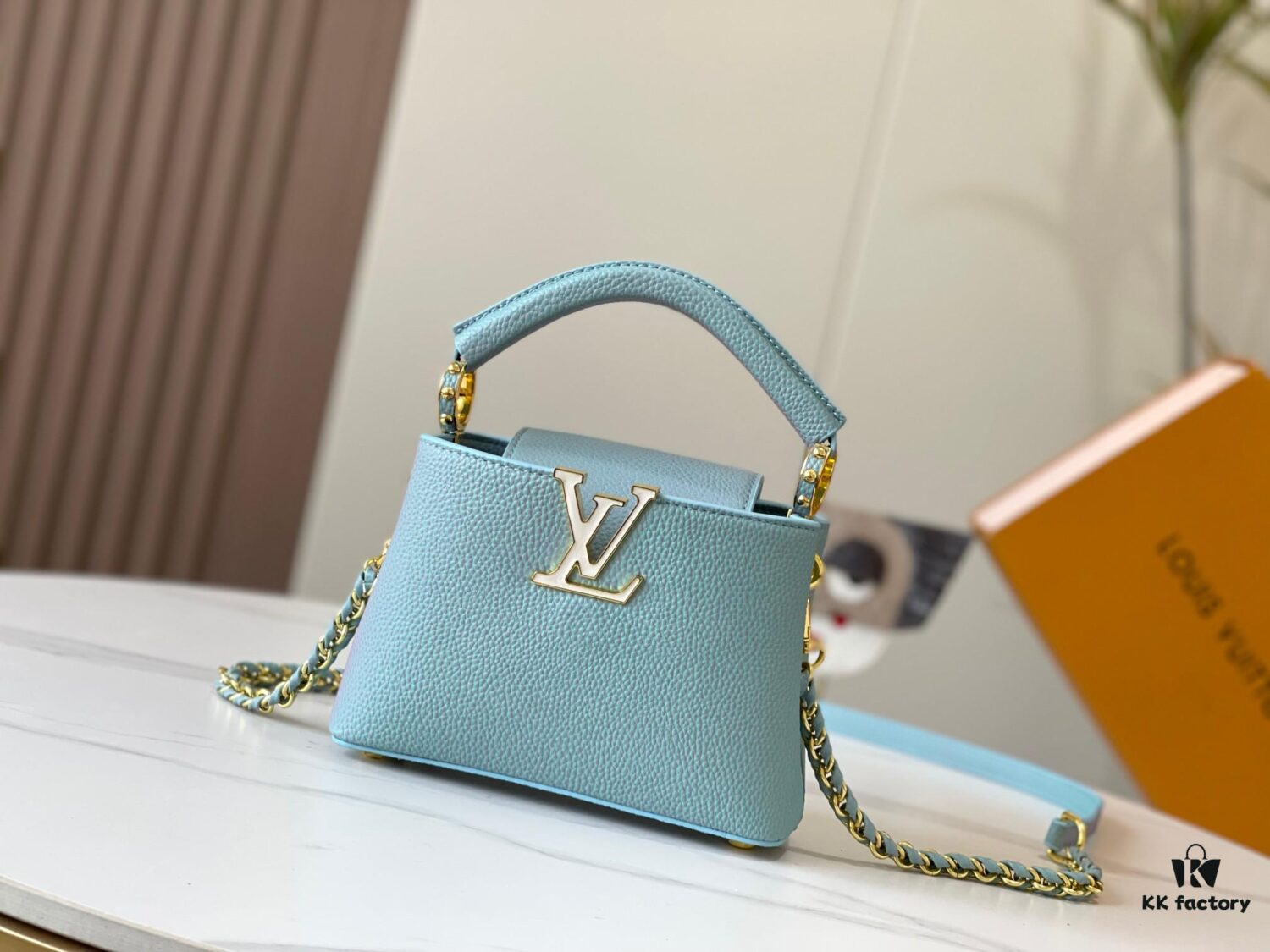 693079896e68136f4d9a6b63 Upgraded M59850 Stellar Pearlized Blue Shell Button Capucines Mini Bag