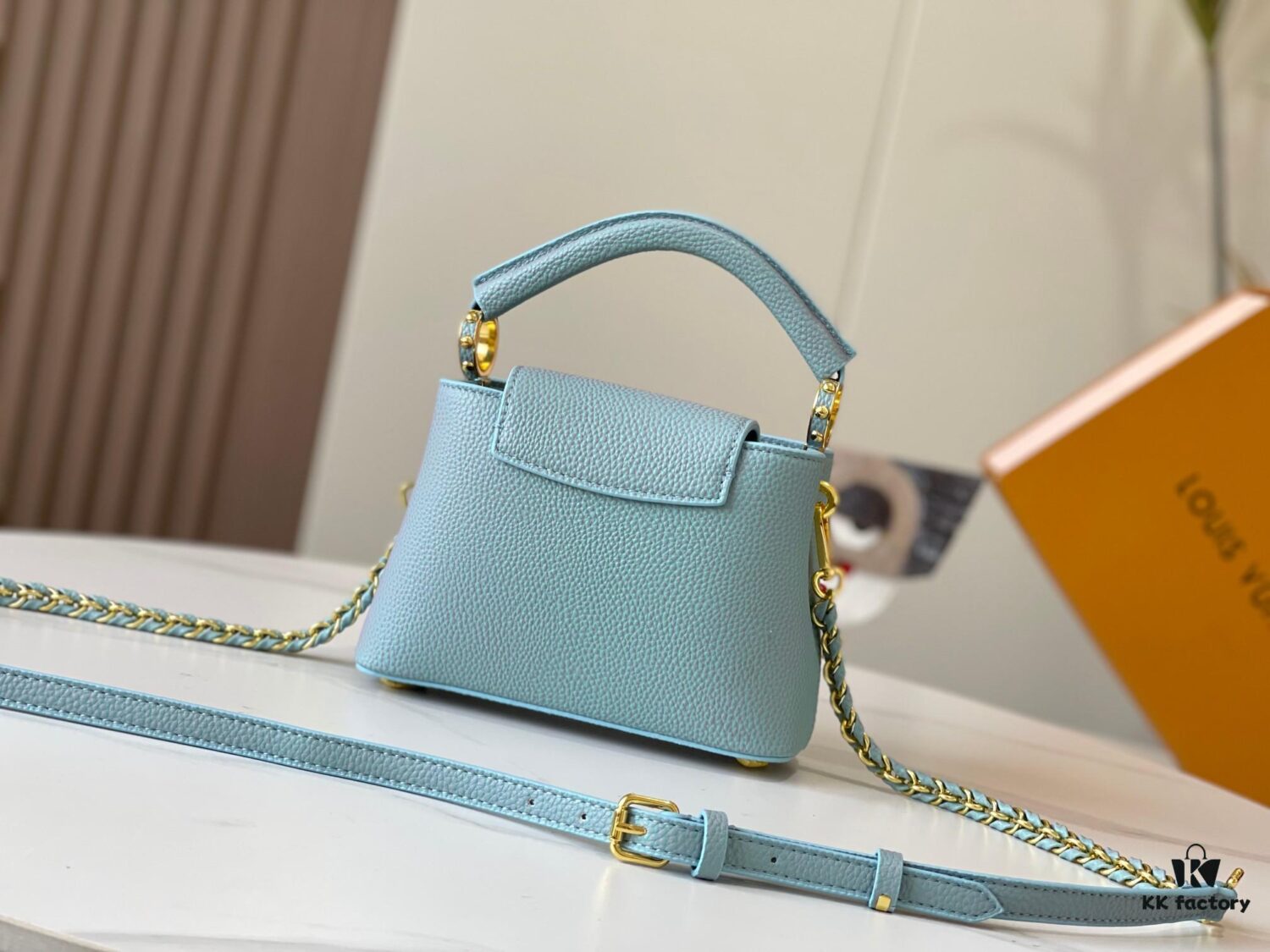 6930798c6e68136f4d9a6b68 Upgraded M59850 Stellar Pearlized Blue Shell Button Capucines Mini Bag