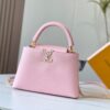 6930798f6e68136f4d9a6b6c Upgraded M20841 Etoile Pearlized Pink Shell Button Capucines MM Handbag