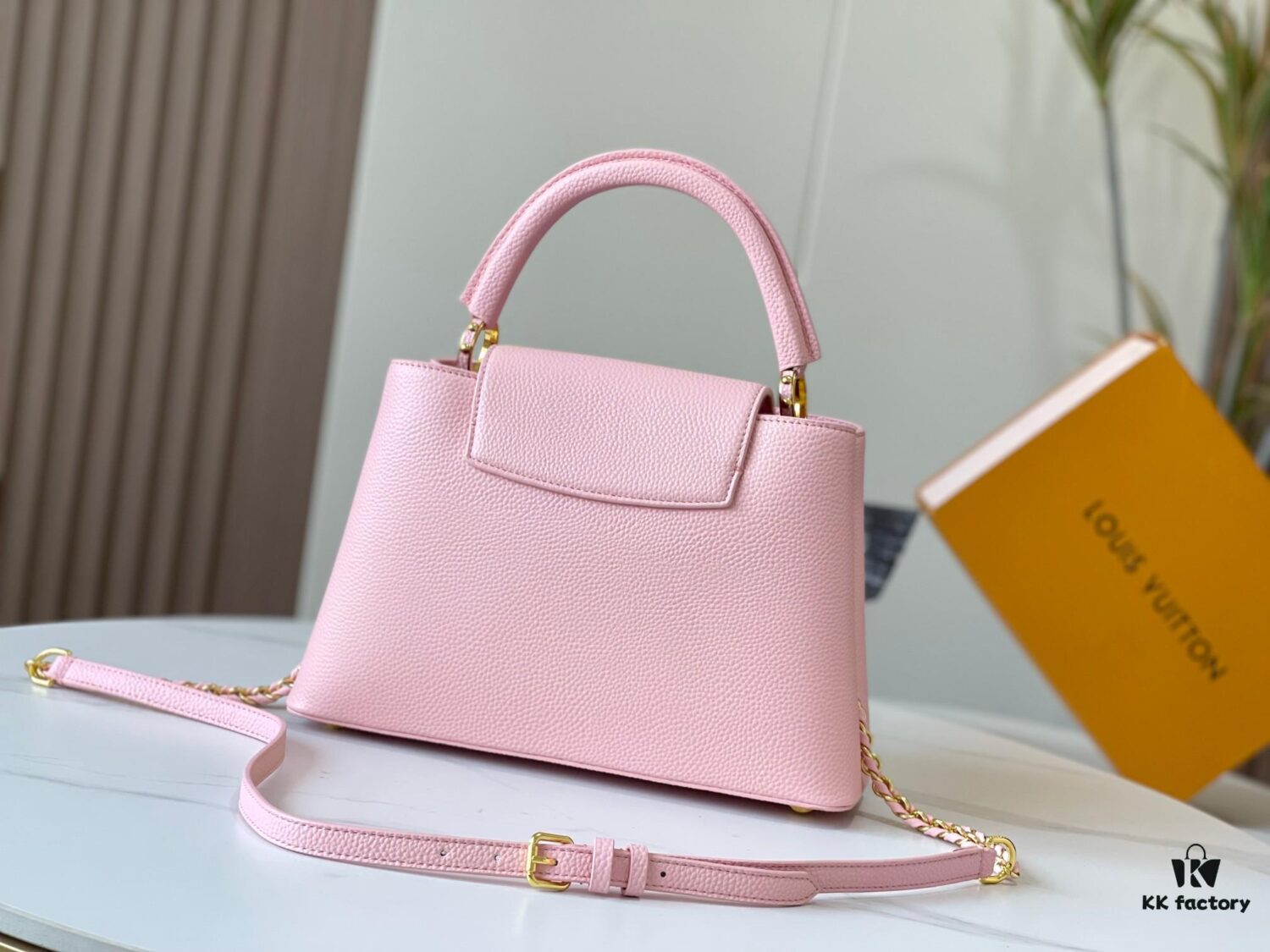 693079926e68136f4d9a6b71 Upgraded M20841 Etoile Pearlized Pink Shell Button Capucines MM Handbag