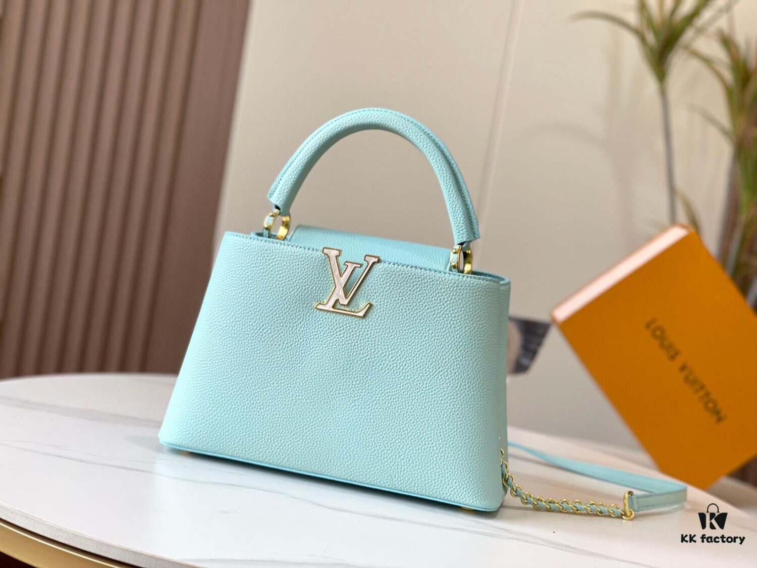 6930799f6e68136f4d9a6b88 Upgraded M20841 Stellar Pearl Green Shell Button Capucines MM Handbag