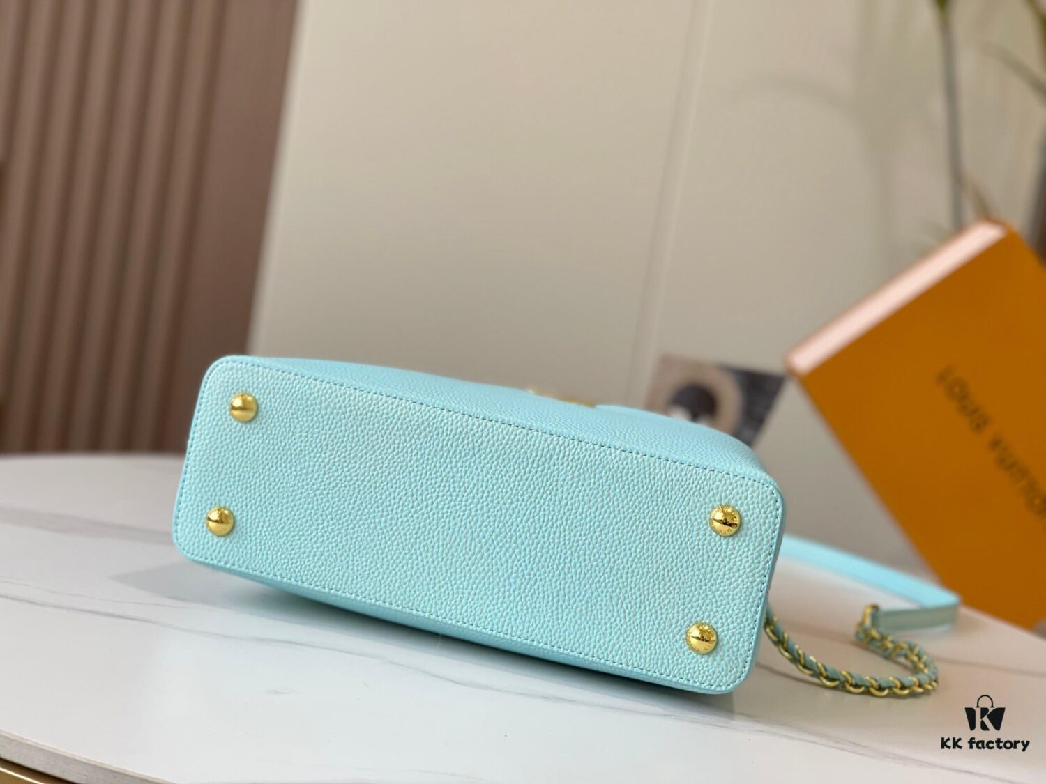 693079a06e68136f4d9a6b89 Upgraded M20841 Stellar Pearl Green Shell Button Capucines MM Handbag