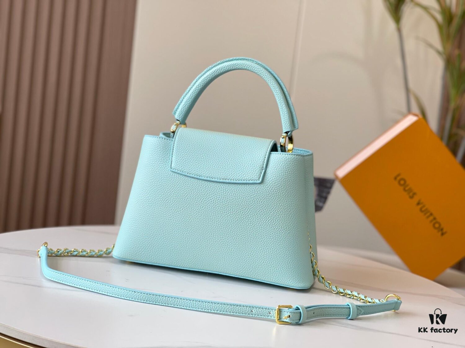 693079a16e68136f4d9a6b8a Upgraded M20841 Stellar Pearl Green Shell Button Capucines MM Handbag