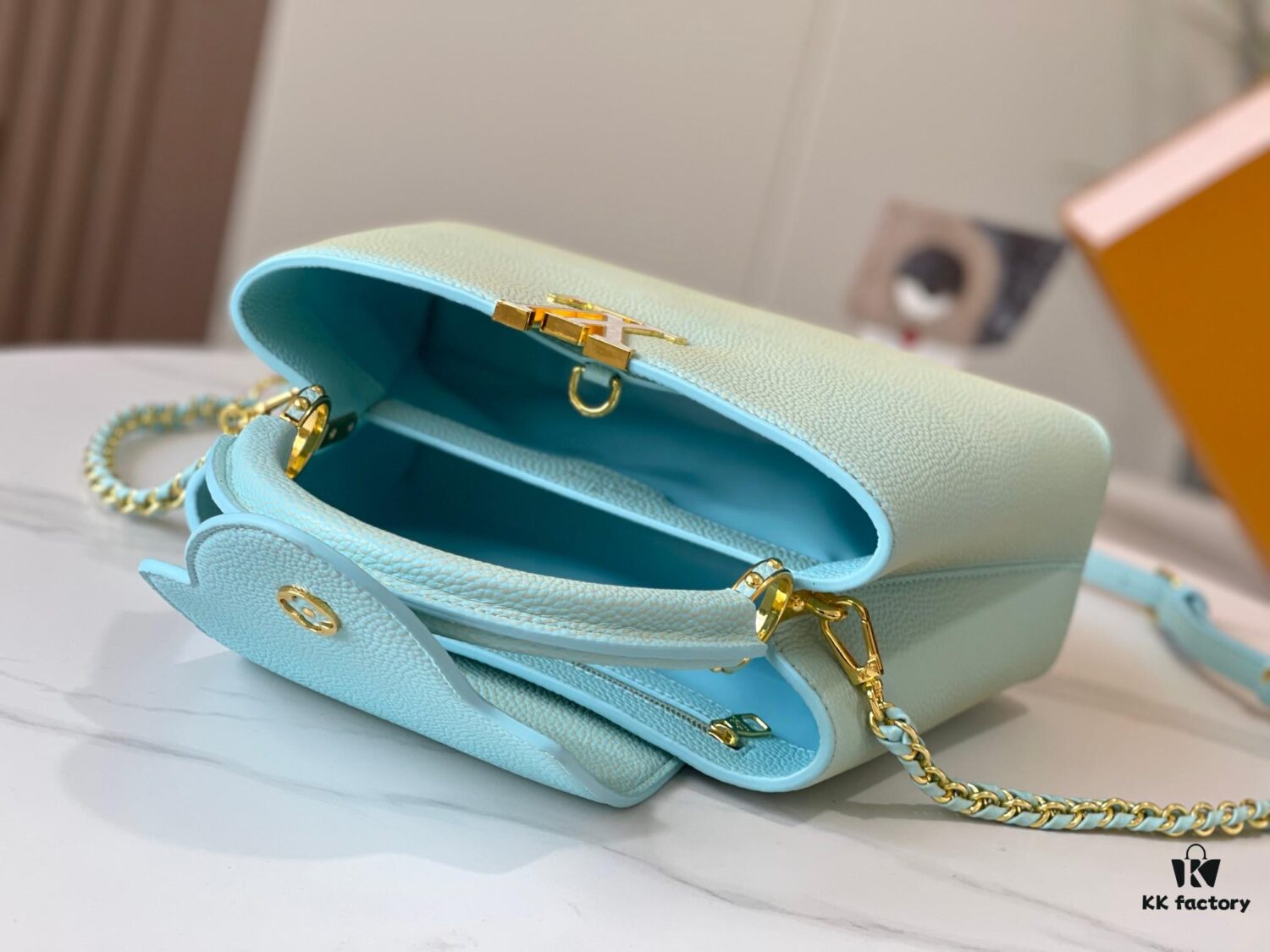 693079a36e68136f4d9a6b8f Upgraded M20841 Stellar Pearl Green Shell Button Capucines MM Handbag