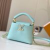 693079a96e68136f4d9a6b99 Upgraded M59850 Stellar Pearl Blue Shell Button Capucines Mini Bag