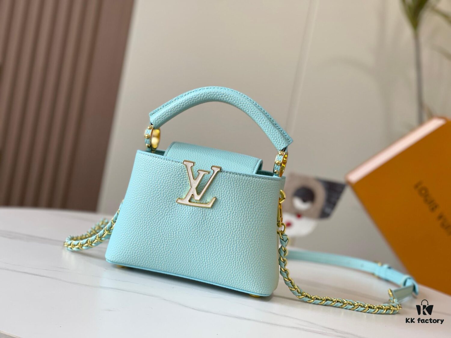 693079a96e68136f4d9a6b99 Upgraded M59850 Stellar Pearl Blue Shell Button Capucines Mini Bag