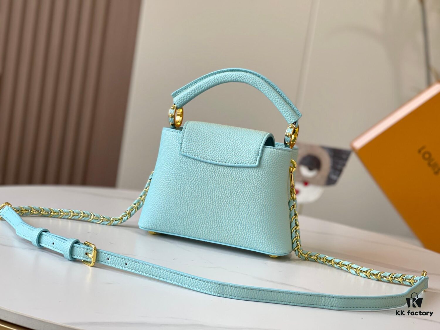 693079aa6e68136f4d9a6b9c Upgraded M59850 Stellar Pearl Blue Shell Button Capucines Mini Bag