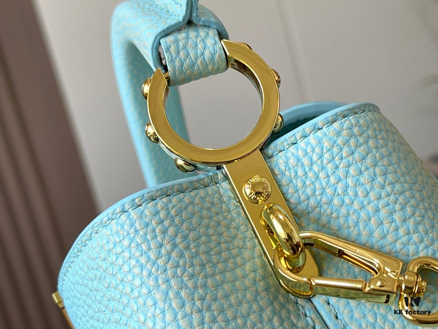 693079ac6e68136f4d9a6b9e Upgraded M59850 Stellar Pearl Blue Shell Button Capucines Mini Bag