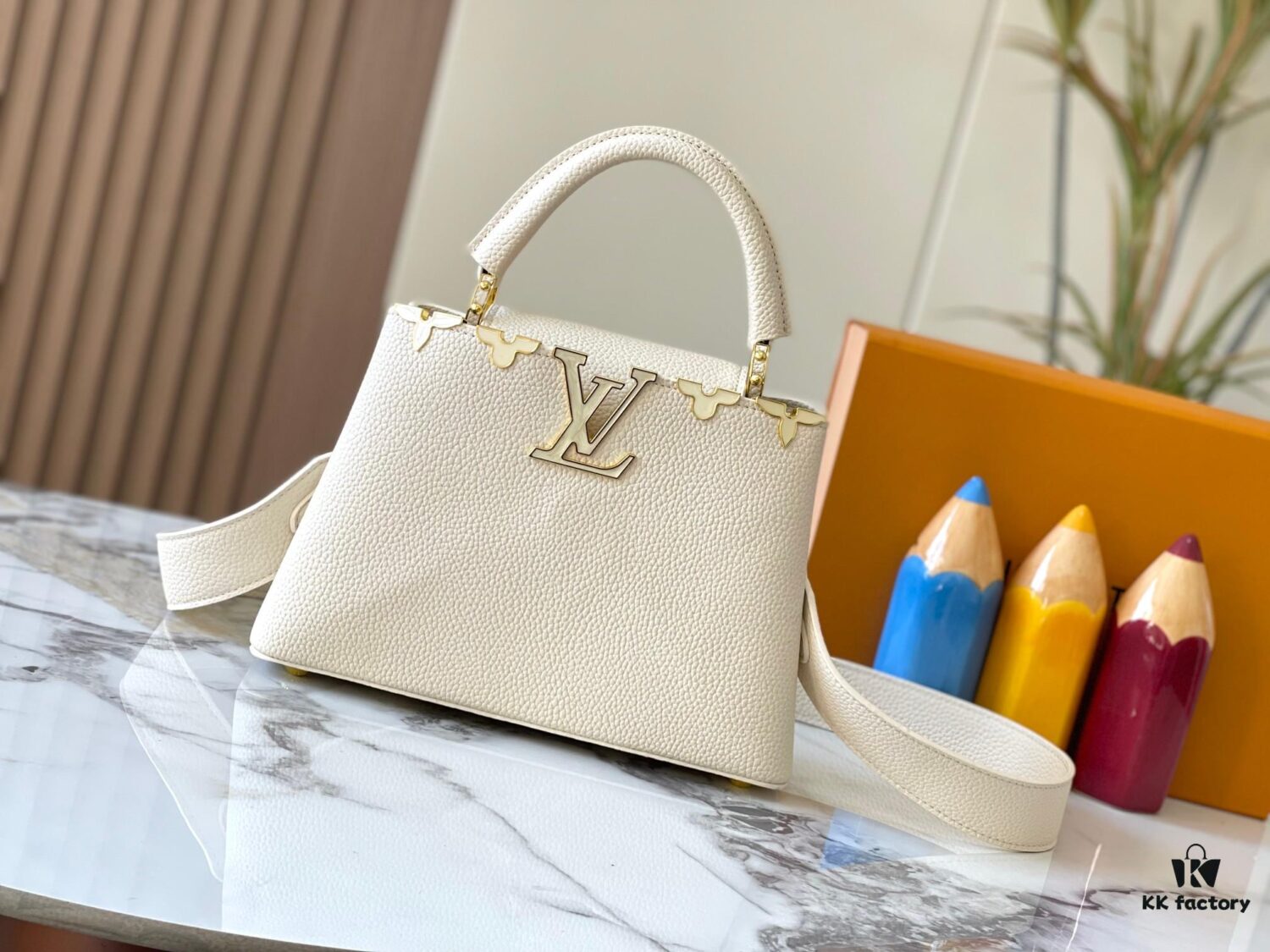 693079ce6e68136f4d9a6bdb Upgraded M23766 White-on-White Mother-of-Pearl Capucines Flower Crown Bag