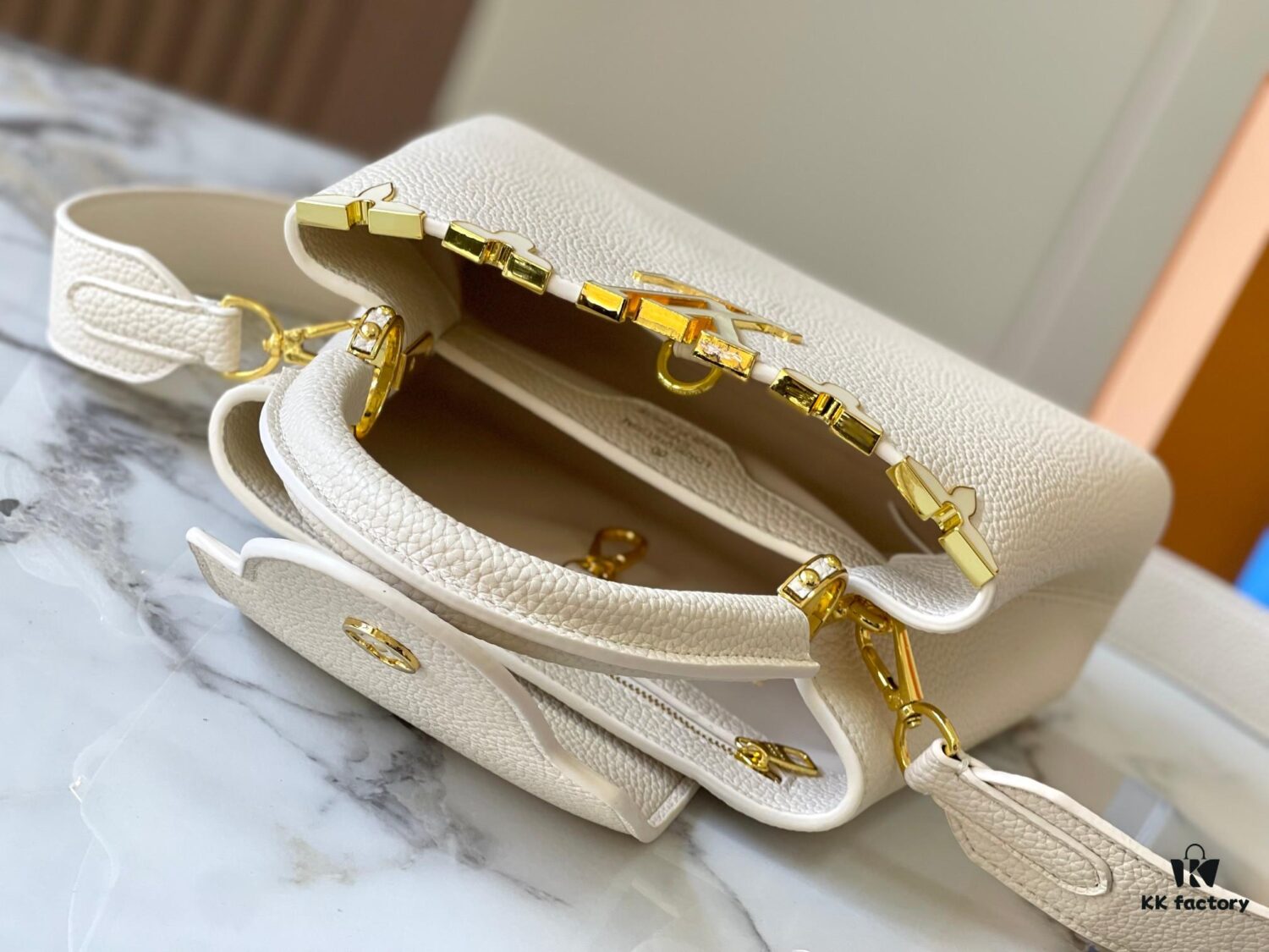 693079d06e68136f4d9a6be0 Upgraded M23766 White-on-White Mother-of-Pearl Capucines Flower Crown Bag
