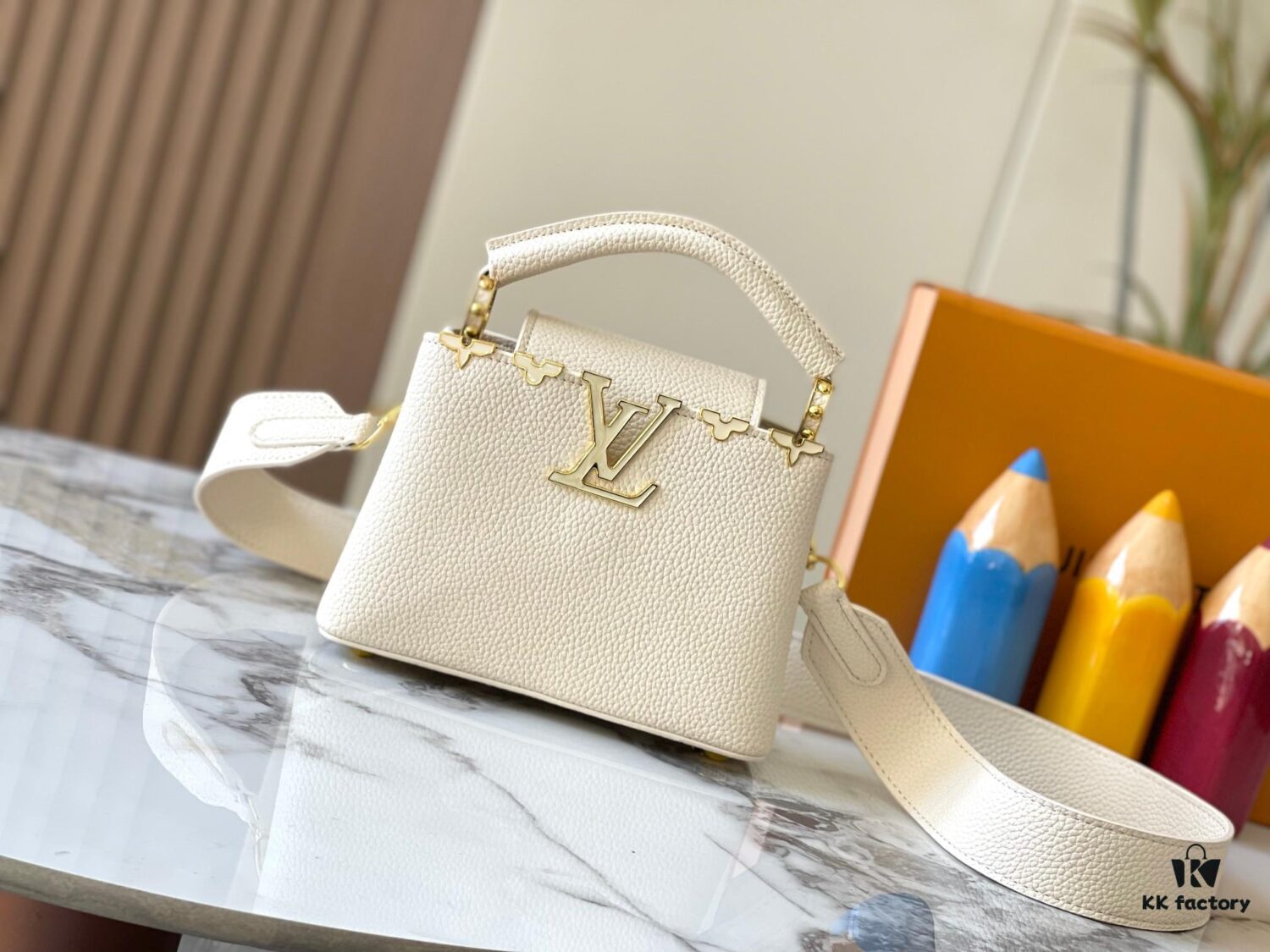 693079d36e68136f4d9a6be3 Upgraded M23765 White-on-White Mother-of-Pearl Capucines Flower Crown Handbag