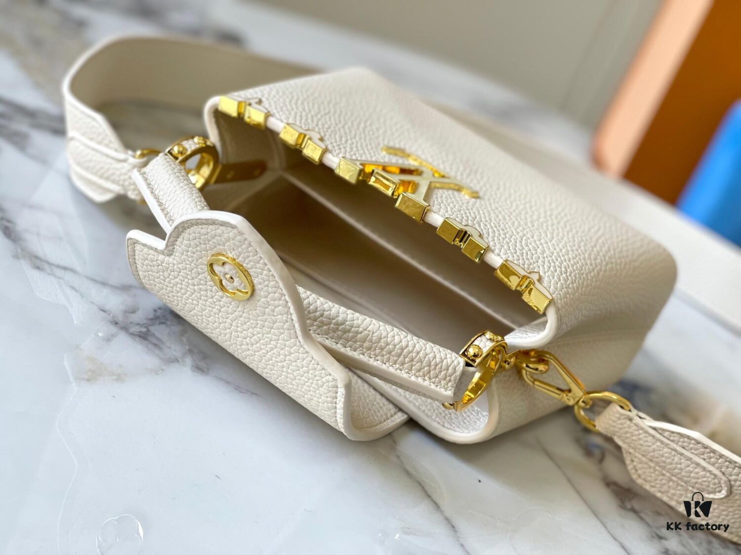 693079d66e68136f4d9a6be8 Upgraded M23765 White-on-White Mother-of-Pearl Capucines Flower Crown Handbag
