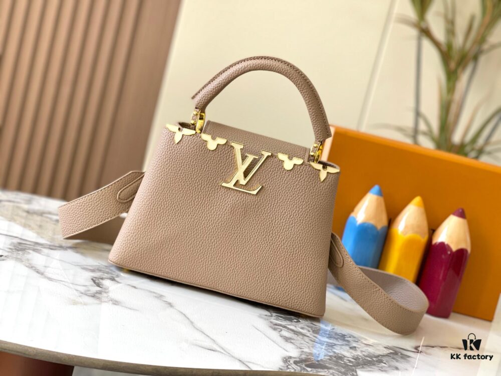 693079e36e68136f4d9a6c00 Upgraded M23766 Beige and White Mother-of-Pearl Capucines Flower Crown Handbag