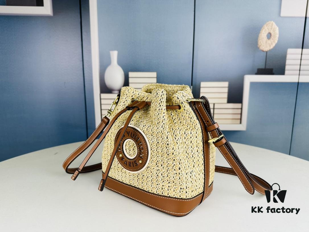New Large Batch LV NOE PURSE Bucket Bag in Raffia Leather 'Little Burnt Dumpling'