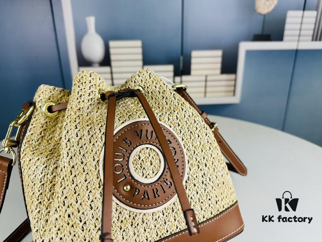 New Large Batch LV NOE PURSE Bucket Bag in Raffia Leather 'Little Burnt Dumpling'