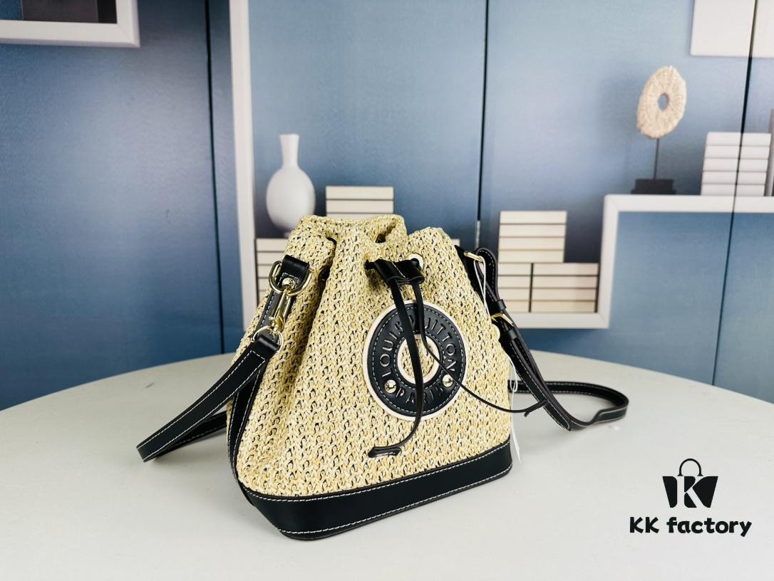 693079f06e68136f4d9a6c1a New Large Batch LV NOE PURSE Bucket Bag with Raffia and Leather Trim
