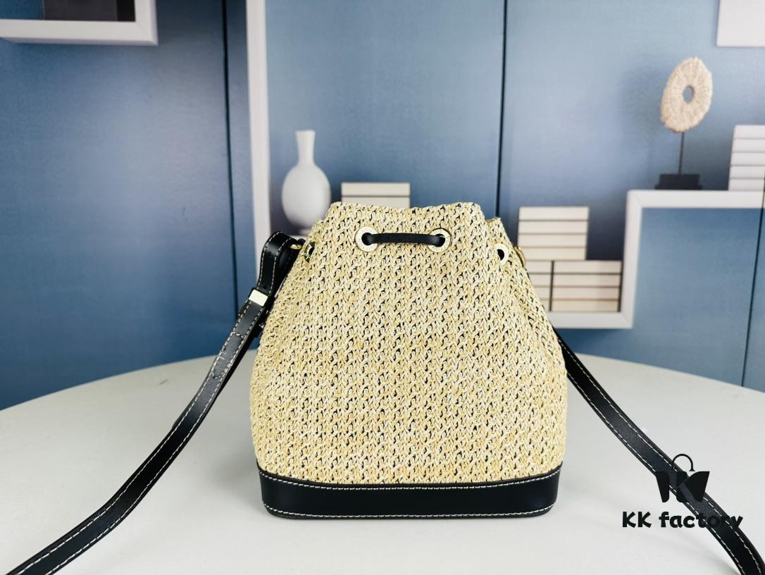 693079f06e68136f4d9a6c1b New Large Batch LV NOE PURSE Bucket Bag with Raffia and Leather Trim