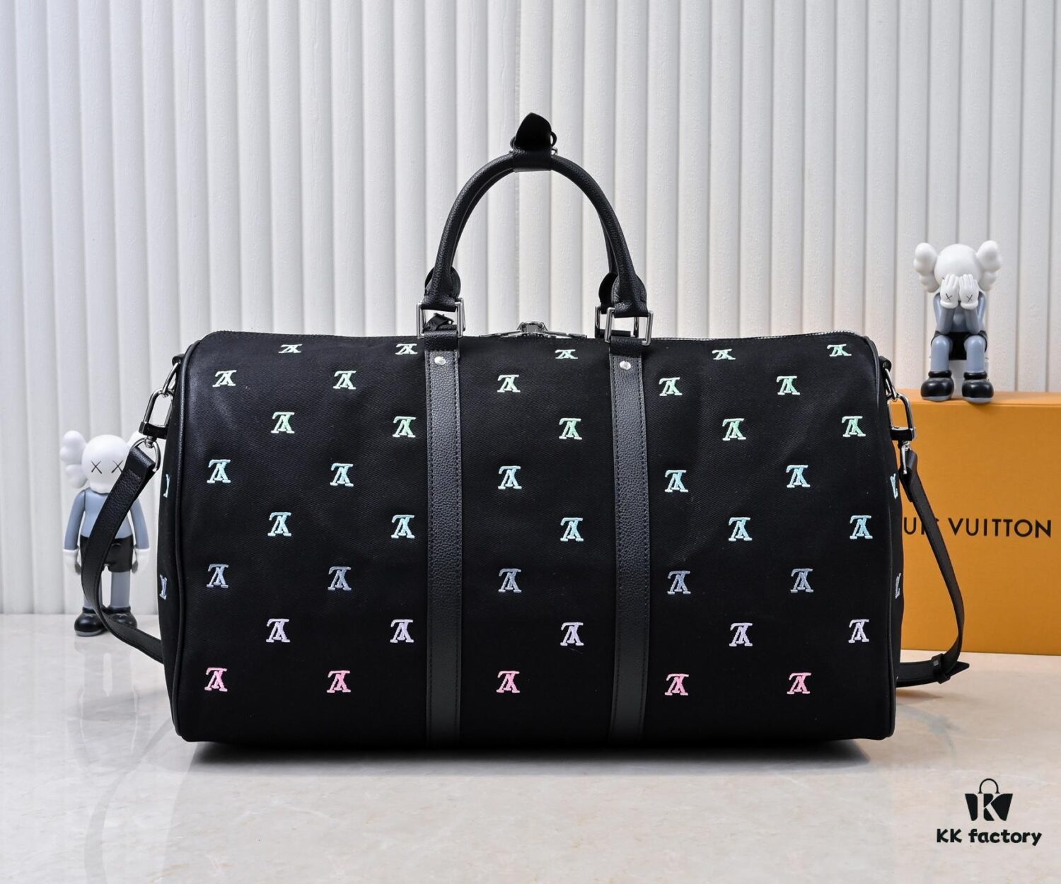 69307bea6e68136f4d9a6f5c Lot No. 13966 Embroidered Keepall Bandoulière 50 Travel Bag in Deep LV Blason Denim by Pharrell Williams