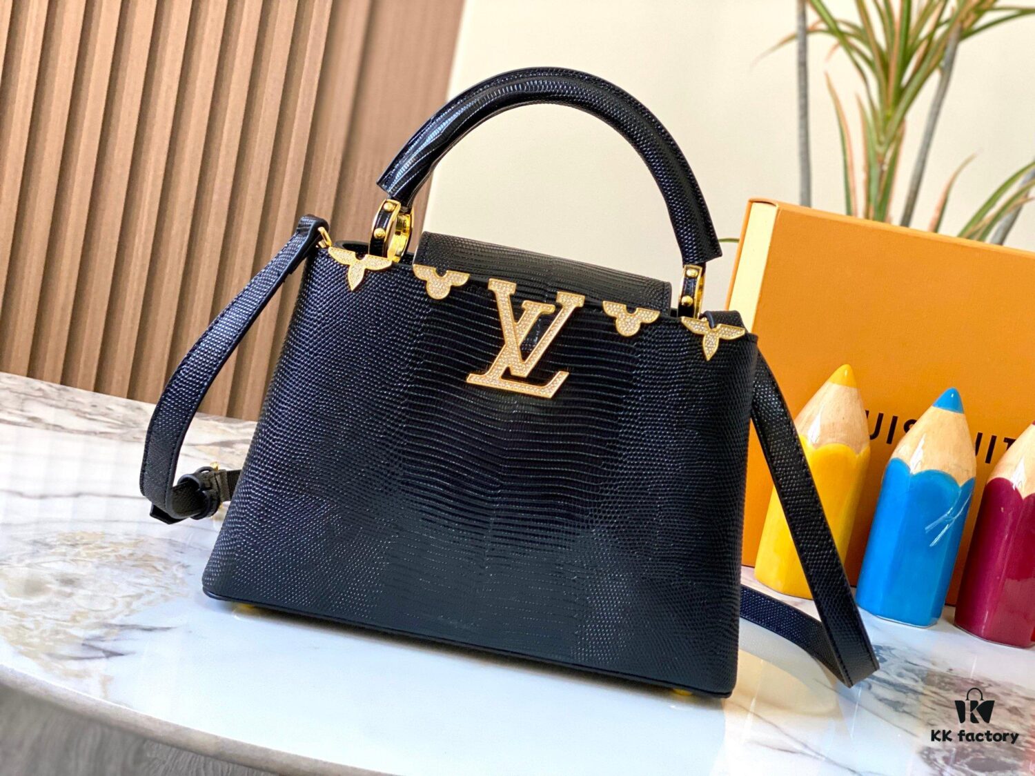 69307d4a6e68136f4d9a71e3 Top Grade Original Guangzhou Stock M12297 Black Lizard Skin with Diamond-Inlaid Golden Crown Capucines BB Handbag