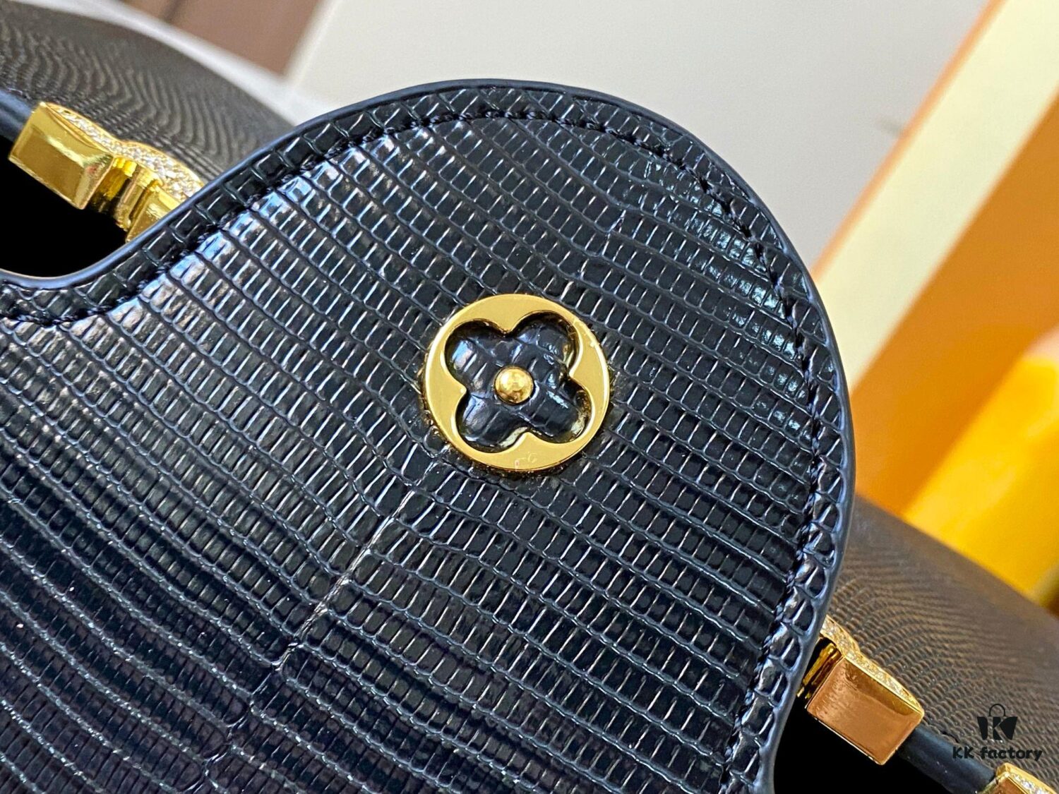 69307d4c6e68136f4d9a71e8 Top Grade Original Guangzhou Stock M12297 Black Lizard Skin with Diamond-Inlaid Golden Crown Capucines BB Handbag