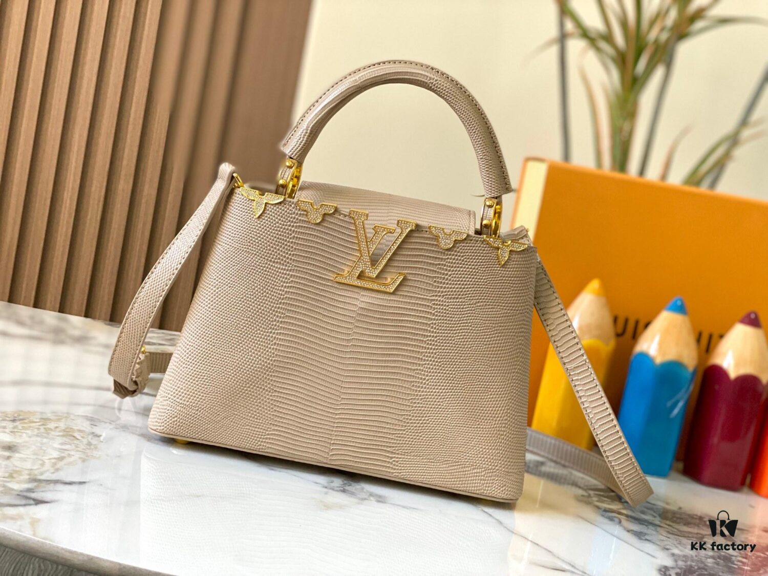 69307d526e68136f4d9a71f1 Top-Grade Original Guangzhou Stock M12297 Beige Lizard Leather with Gold Diamond Crown Capucines BB Bag
