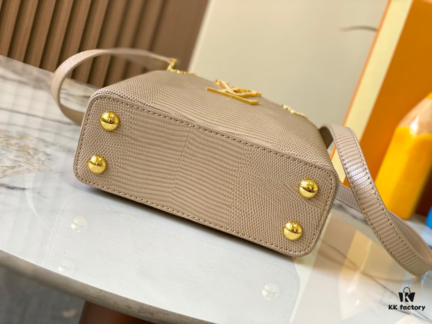 69307d596e68136f4d9a71fc Top Grade Original Guangzhou Stock M12296 Beige Lizard Leather Combined with Golden Diamond Crown 🔺 This Capucines Mini Handbag Features Luxurious Lizard Leather Exterior with Soft Lambskin Lining, Accented with Brilliant Metallic Hardware