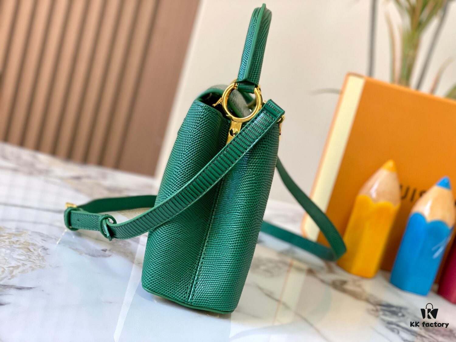 69307d5e6e68136f4d9a7203 Top-Grade Original Guangzhou Stock M12297 Green Lizard Skin with Gold Diamond Crown Triangle Capucines BB Bag