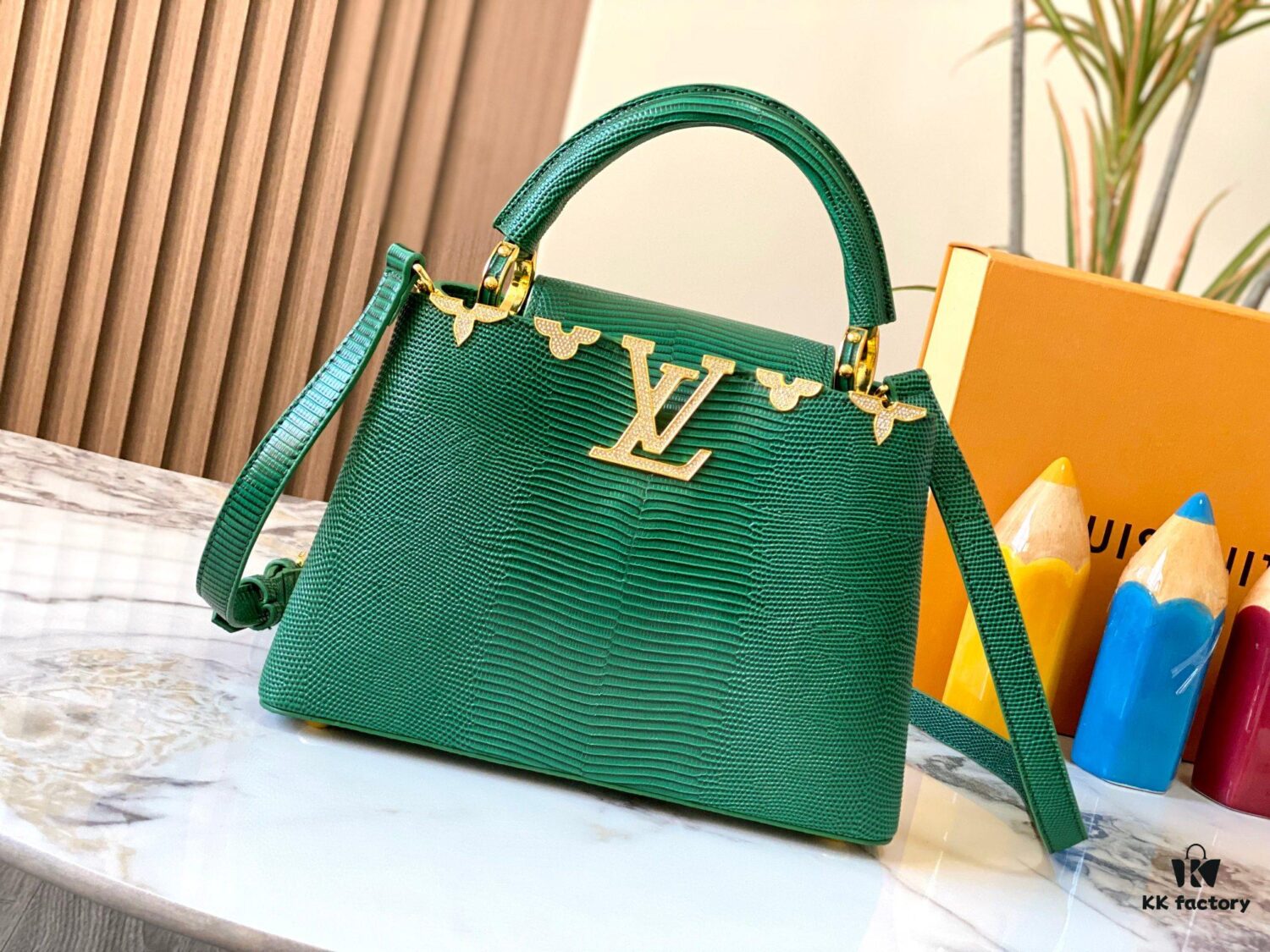 69307d5f6e68136f4d9a7204 Top-Grade Original Guangzhou Stock M12297 Green Lizard Skin with Gold Diamond Crown Triangle Capucines BB Bag