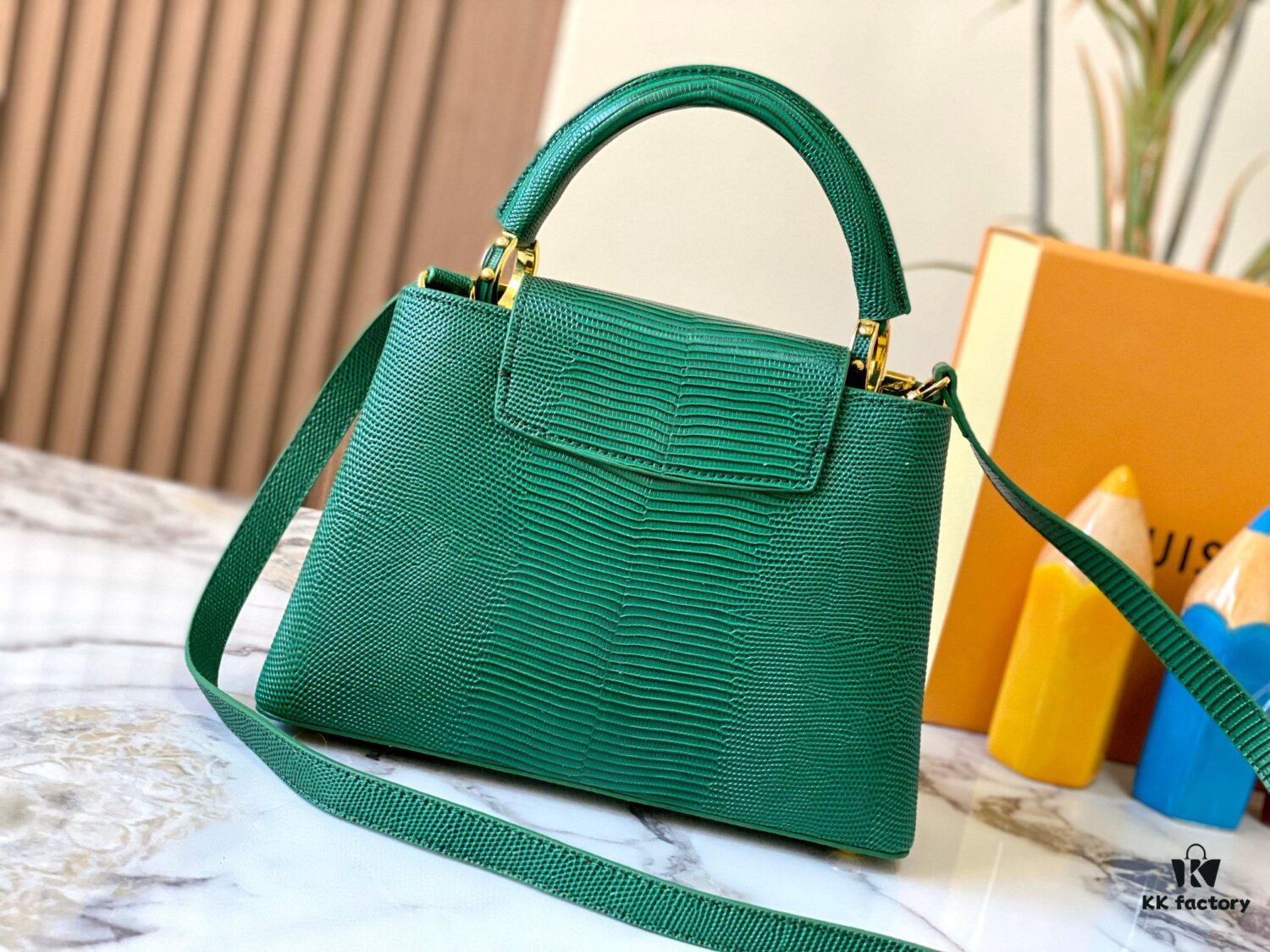 69307d606e68136f4d9a7206 Top-Grade Original Guangzhou Stock M12297 Green Lizard Skin with Gold Diamond Crown Triangle Capucines BB Bag